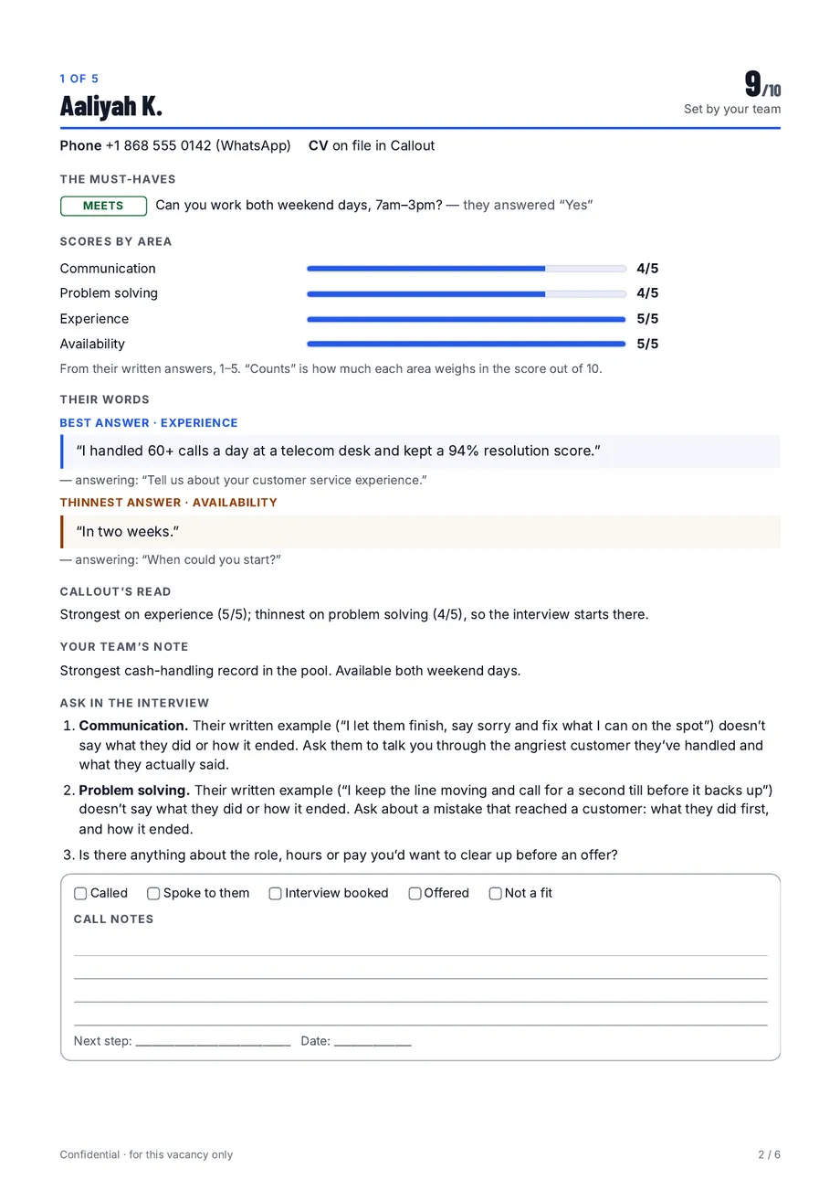 A person’s page from the sample pack: contacts, must-haves, scores by area, their best and thinnest answers with the questions they answer, what to ask, and call notes